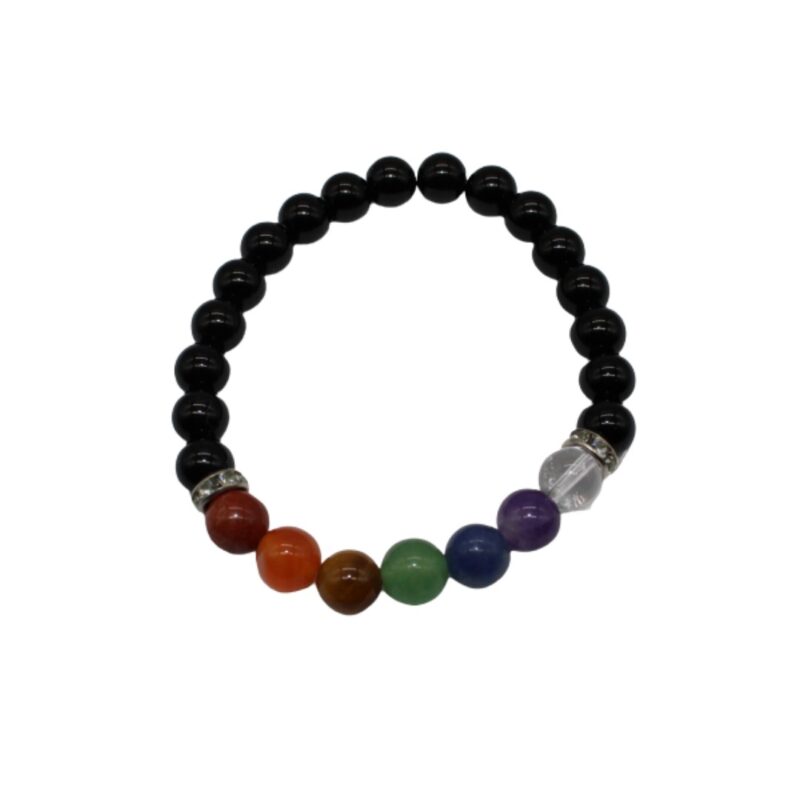 Pulseira Obsidiana Negra c/ 7 Chakras bola 8mm