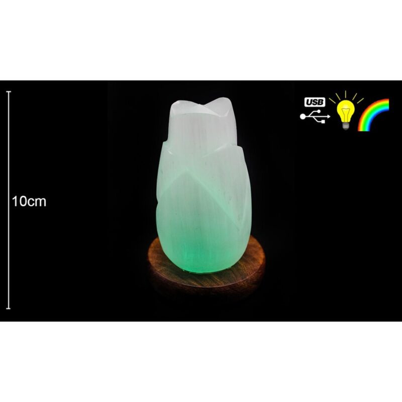 Candeeiro Selenite Flor Lotus USB com Base 10cm